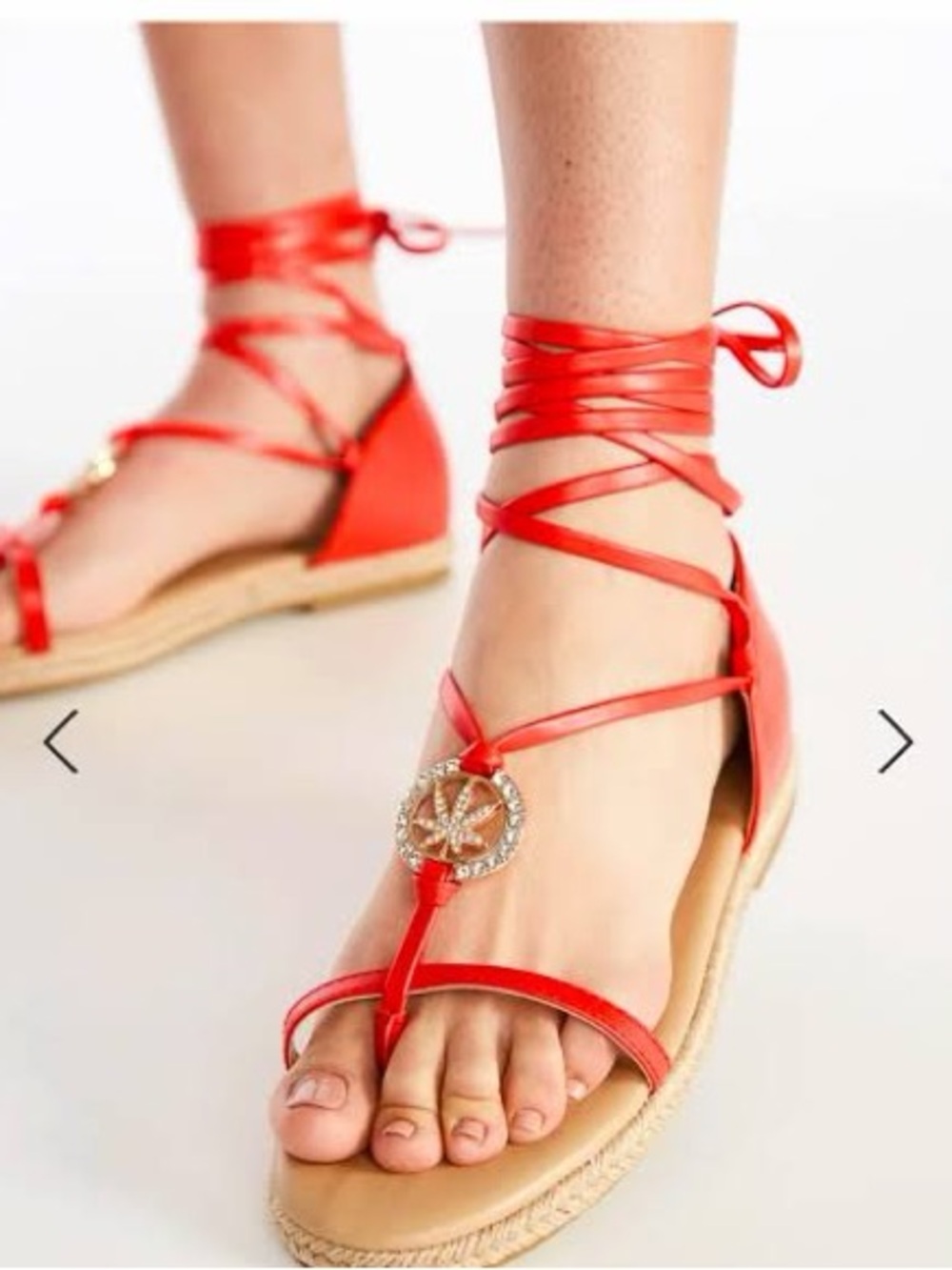 Shoe Dazzle Red Lace-Up Espadrille Sandals with Crystal Medallion